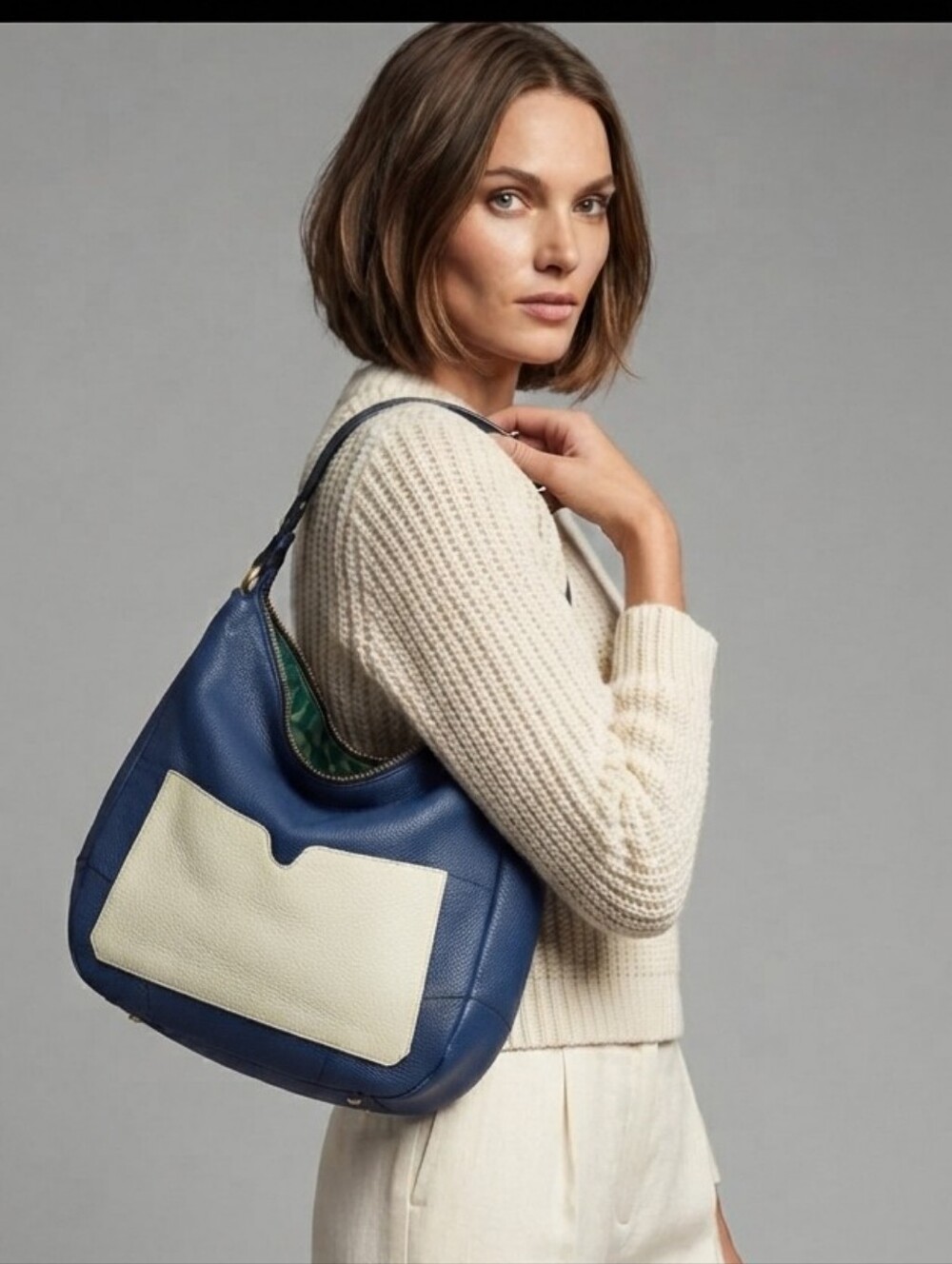 OrYANY Hobo Pebbled Leather Shoulder Bag Adele Large Blue Cream Colorblock